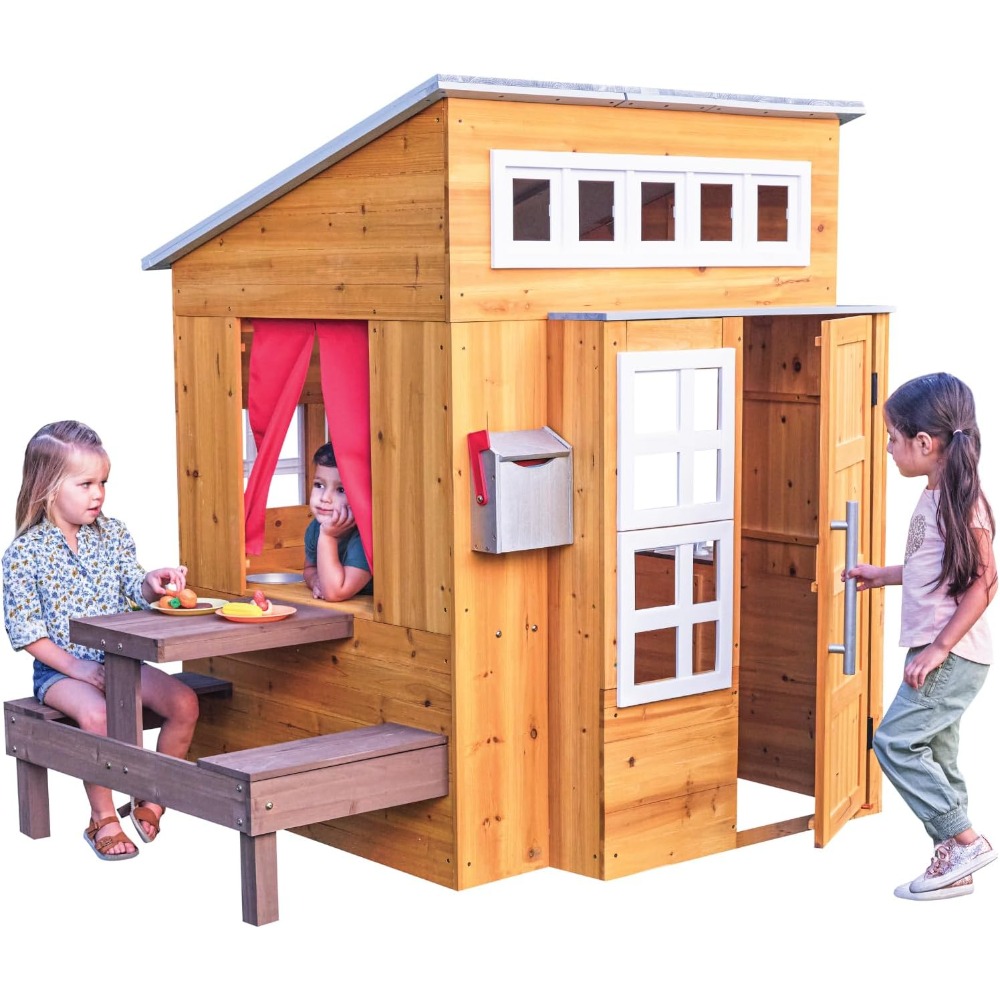 Kids Outdoor Grill Set - モダンな屋外木製プレイハウスセット（子供用）、ピクニックテーブル、メールボックス、グリルおもちゃ付き-完全に改良版