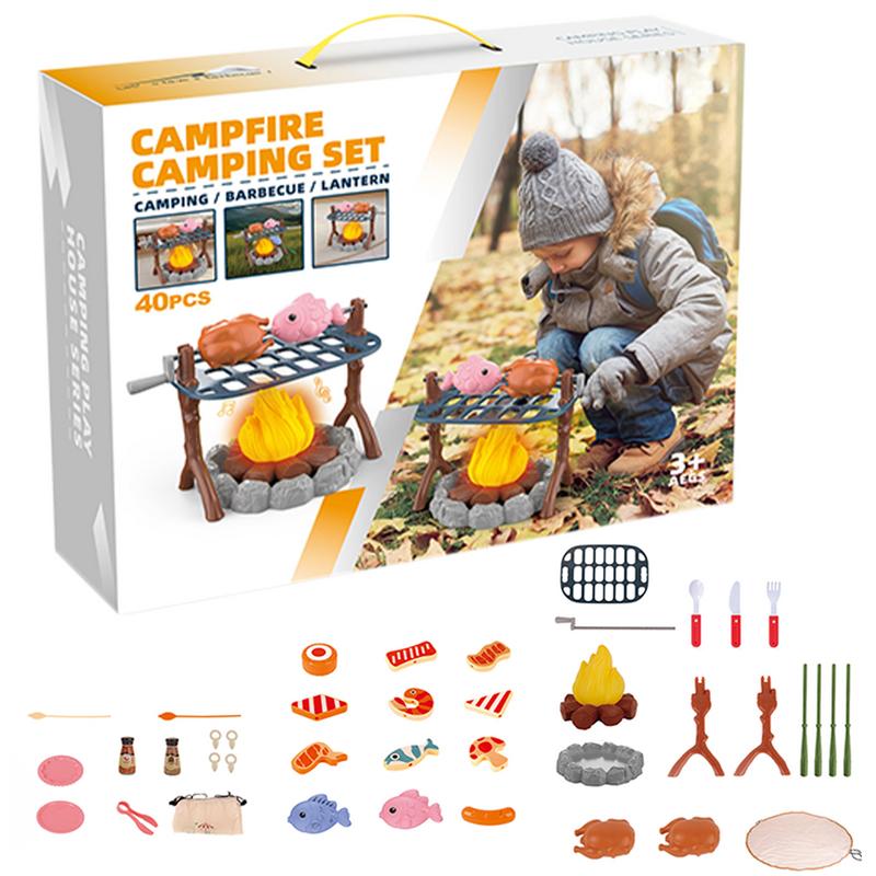 Kids Outdoor Grill Set - 子供のキャンプおもちゃセット,バーベキューグリル,ミニフード,屋内と屋外のおもちゃ,誕生日パーティーの記念品,子供のクリスマスプレゼント