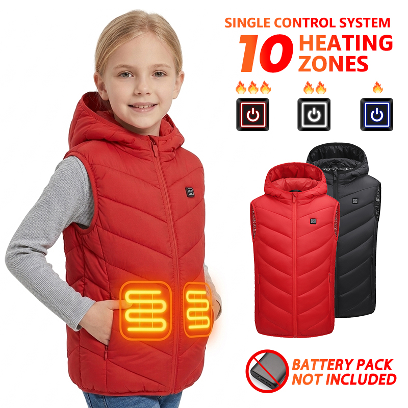 Kids Outdoor Zone - 子供用 加熱ベスト 10ゾーン USB電気加熱ジャケット ライナー付き フード付き