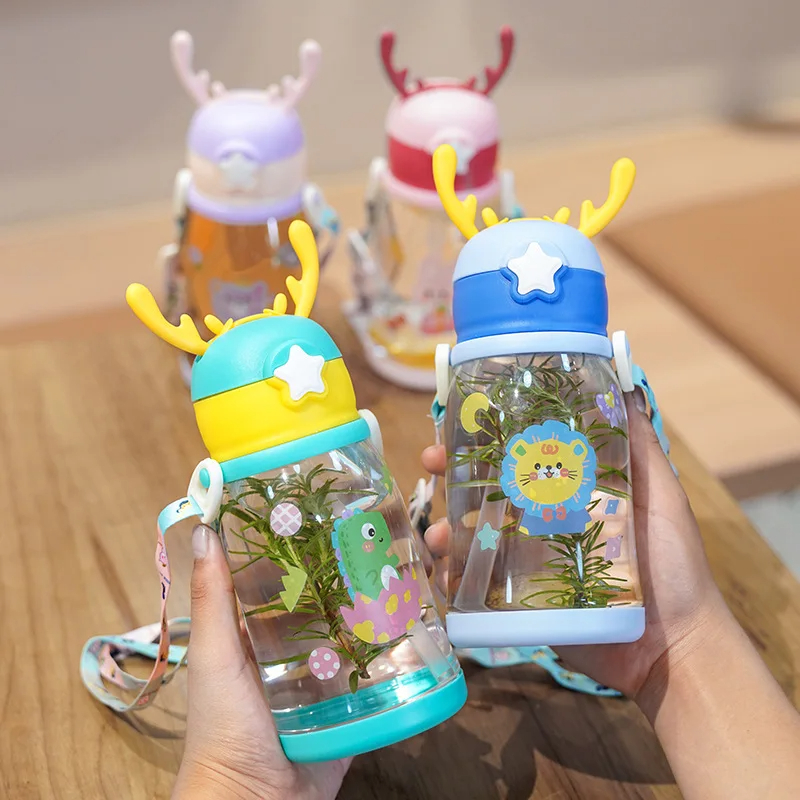 Outdoor Kid Friendly - 600 ミリリットル子供水シッピーカップ枝角クリエイティブ漫画ベビーカップストロー漏れ防止ウォーターボトル屋外子供用カップ