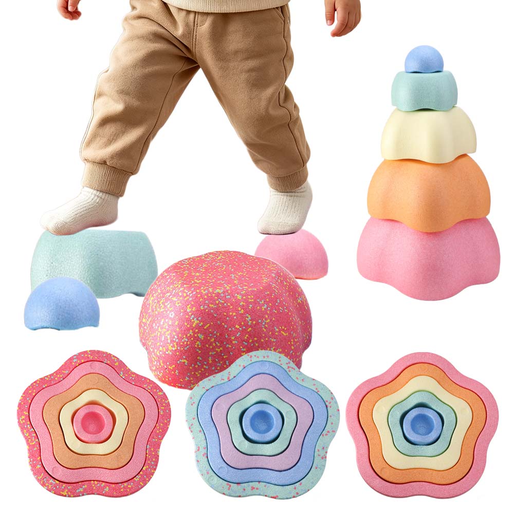 Stepping Stone Foam - 川石を使ったバランスゲーム、五芒星のバランスゲーム、フォーム製のバランスゲーム、バランス石、創造的な積み木ゲーム。