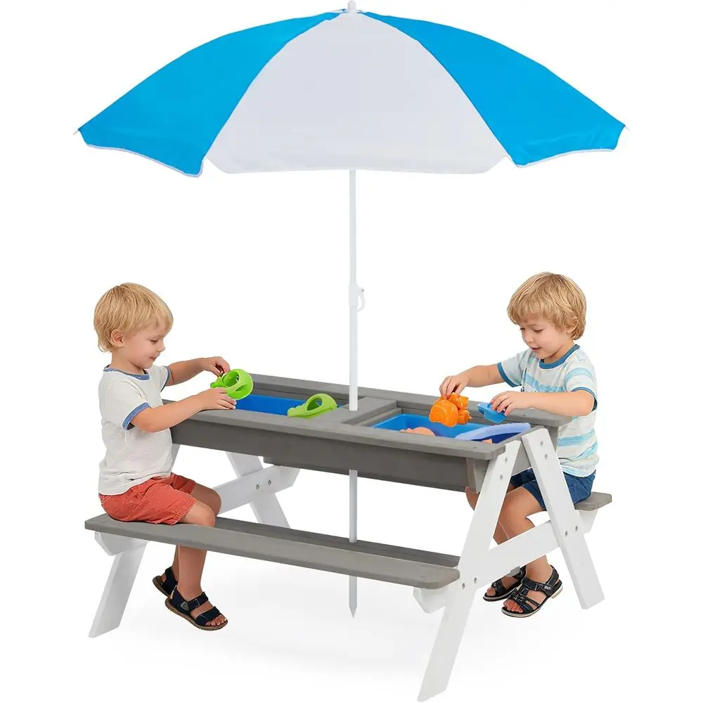 Kids Outdoor Umbrella For Table - 子供用3-in-1木製ピクニックテーブル、屋外砂場・水遊び用、4人掛け、傘付き