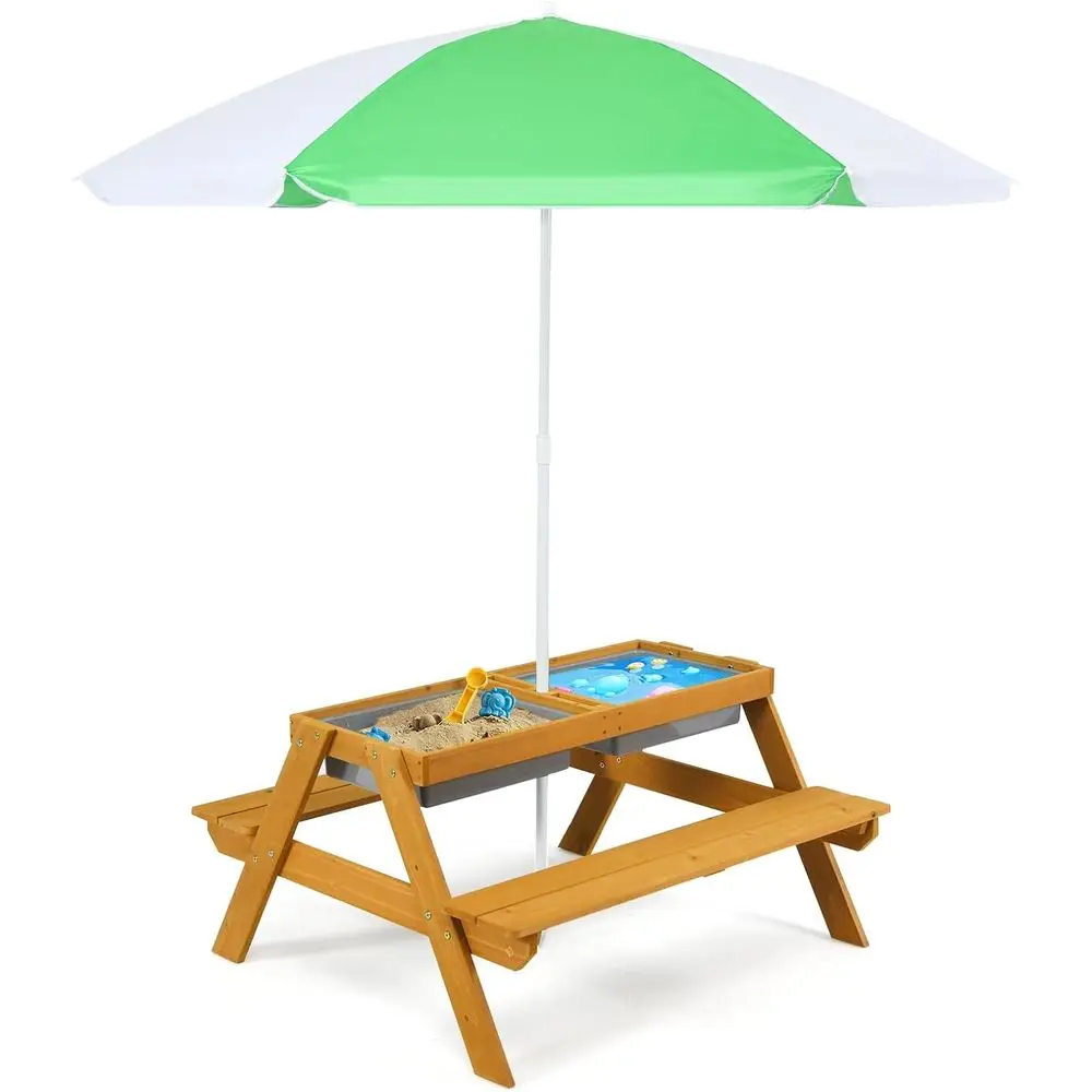 Kids Outdoor Umbrella For Table - 3in1高さ調節可能傘付きキッズピクニックテーブル、水遊び＆砂遊び、幼児用屋外木製セット、庭、ヤード用