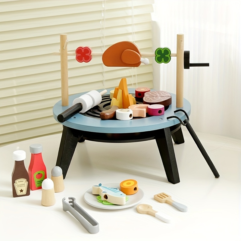 Kids Outdoor Grill Set - 木製バーベキュープレイセット 子供向けごっこ遊びBBQおもちゃ 焼き道具付き 食材と調味料付き 屋外料理ごっこ遊び用