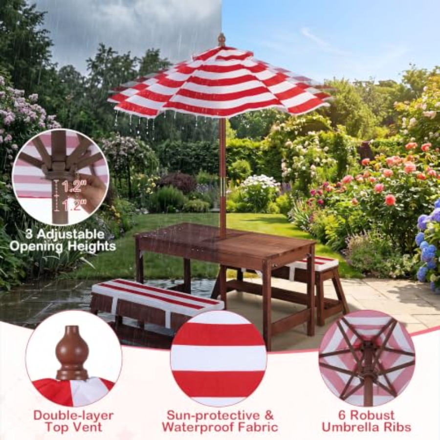 Kids Outdoor Water Table - 屋外用子供用ピクニックテーブル、パティオや裏庭に最適、木製、ナチュラルカラー、4-in-1多機能、傘付き、砂や水遊びにも対応
