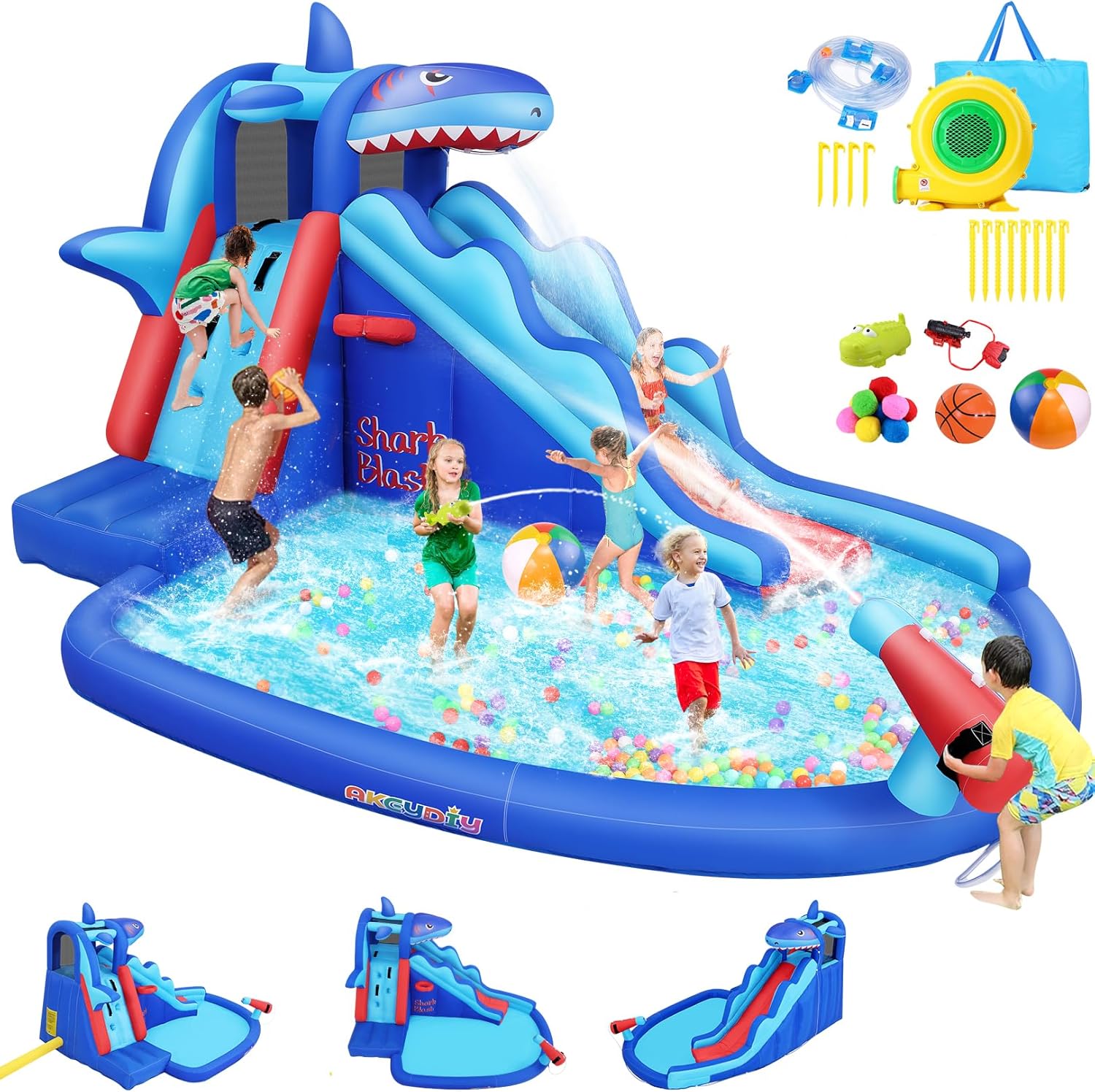 Kids Outdoor Park - 子供向けサメ型インフレータブルウォーターパーク：屋外用ブロウアップウォータースライド、クライミングウォール、バスケットボールリング、スプラッシュプール、ウォーターキャノン付きで裏庭で遊べる