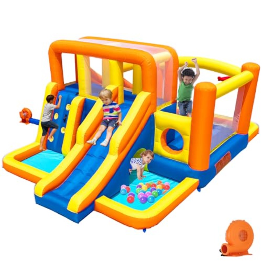 Kids Outdoor Zone - 大型子供用屋外バウンスハウスウォータースライドコンボ：頑丈なPVC製青と黄色のウェット/ドライ分離プレイゾーン、2つのスライドと2つの滑り台付き