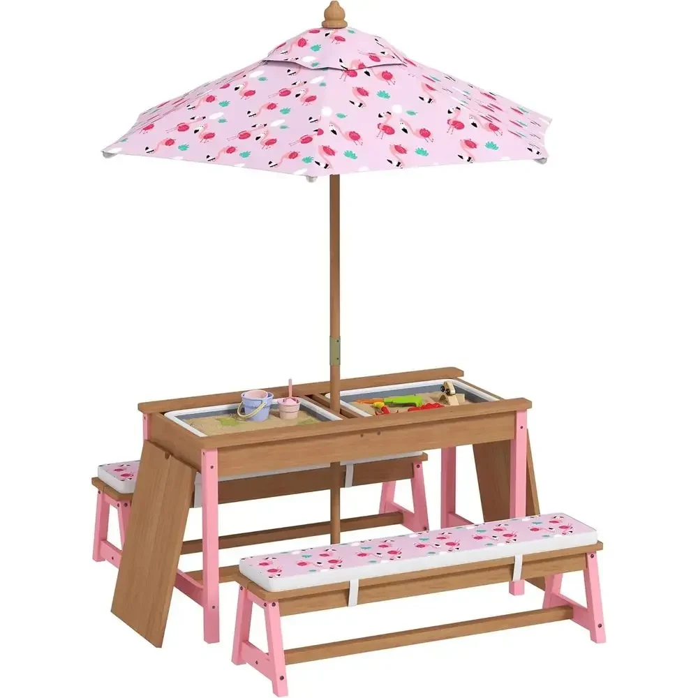 Kids Outdoor Umbrella For Table - 木製ピクニックテーブルセット、傘、クッション、収納ボックス付き、子供用ラミンゴテーマの屋外家具、ピンク