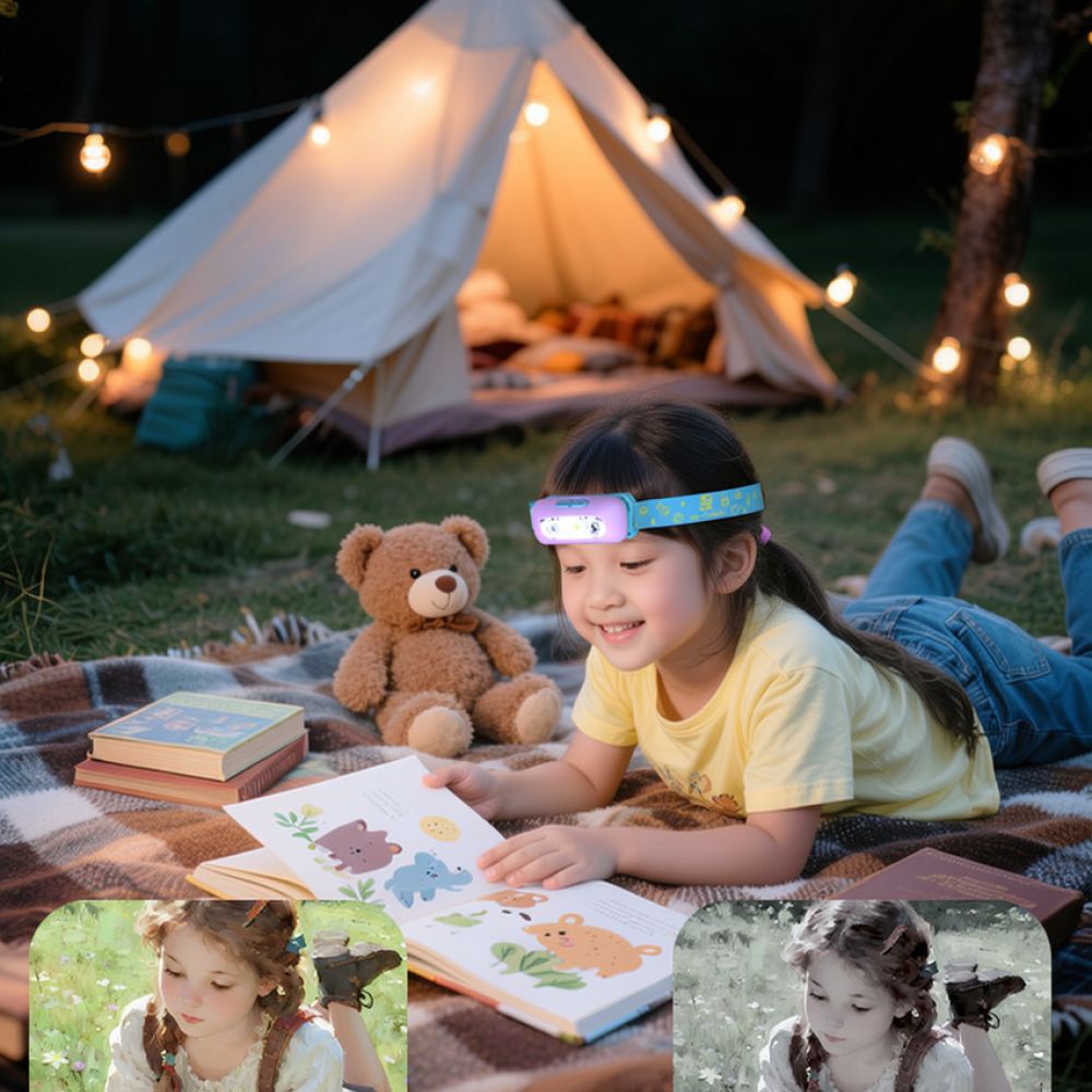 Kids Outdoor Zone - 高品質LEDヘッドランプ。サイクルゾーンユース向け。調整可能な伸縮性ベルト付き。防水仕様。アウトドアキャンプに最適。