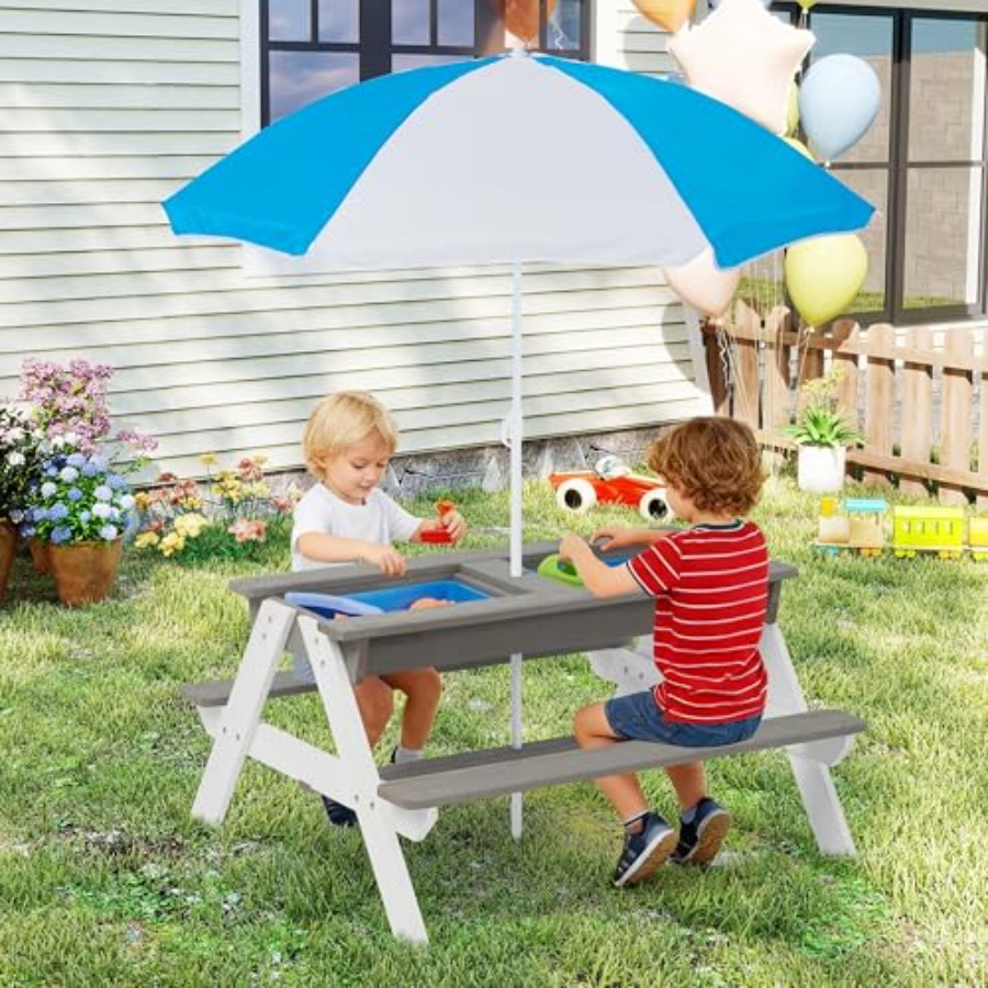 Kids Outdoor Umbrella For Table - 屋外裏庭パティオ用子供向けピクニックテーブル：3-in-1木製砂場・水遊びアクティビティテーブル（調節可能な傘と取り外し可能なパーツ付き）
