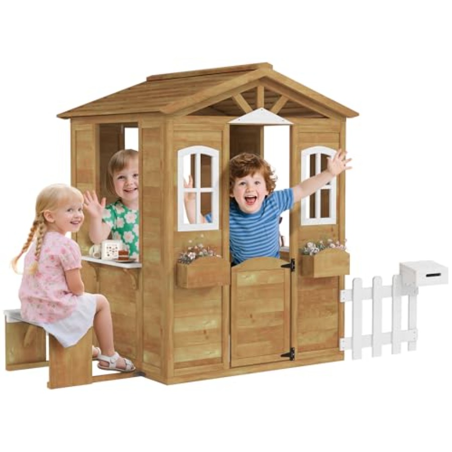 Kids Outdoor Nature Play - 3歳から6歳向けの屋外用プレイハウス、天然木のコテージ。開閉可能なドア、窓、メールボックス付き。ごっこ遊びに最適。