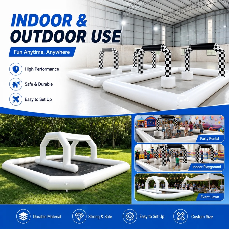 白と黒のインフレータブル製レーストラック、バンパーカー用アリ - Kids Outdoor Fence のレビューと価格