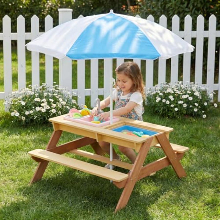 屋外用子供用ピクニックテーブル（傘付き）、木製砂場・水遊びテ - Kids Outdoor Umbrella For Table のレビューと価格