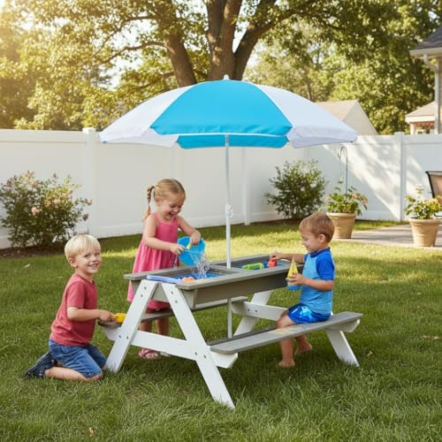 屋外用子供用ピクニックテーブル、3-in-1木製砂遊び・水遊 - Kids Outdoor Umbrella For Table のレビューと価格