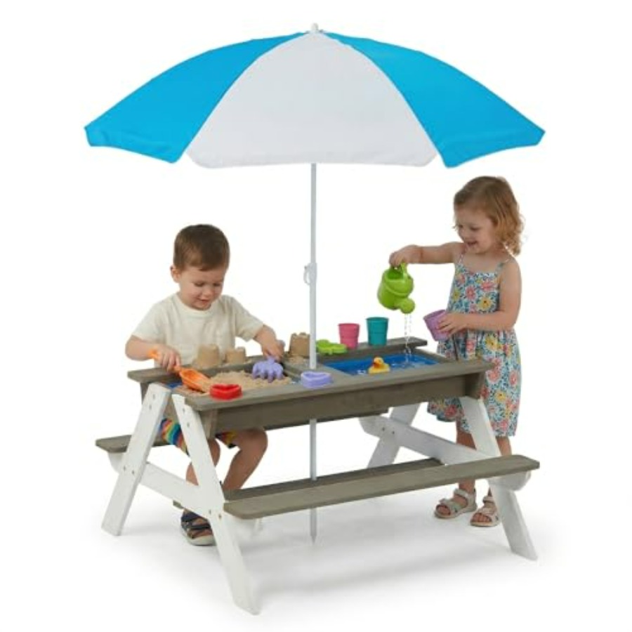 屋外用子供用ピクニックテーブル、3-in-1木製砂遊び・水遊 - Kids Outdoor Umbrella For Table のレビューと価格