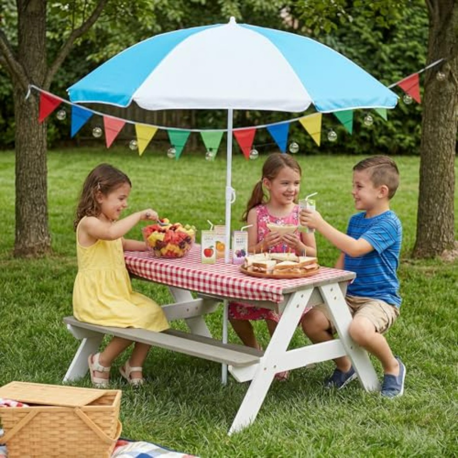 屋外用子供用ピクニックテーブル、3-in-1木製砂遊び・水遊 - Kids Outdoor Umbrella For Table のレビューと価格