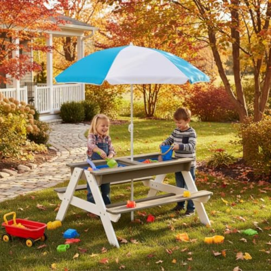 屋外用子供用ピクニックテーブル、3-in-1木製砂遊び・水遊 - Kids Outdoor Umbrella For Table のレビューと価格