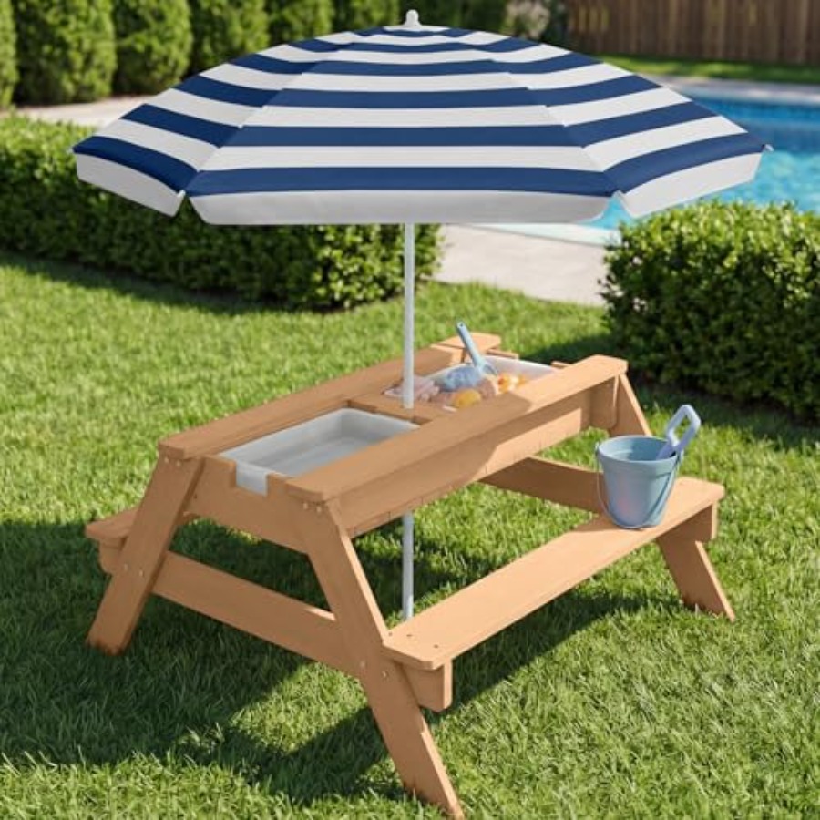 屋外用子供用ピクニックテーブル（傘付き）、3-in-1砂場・ - Kids Outdoor Umbrella For Table のレビューと価格