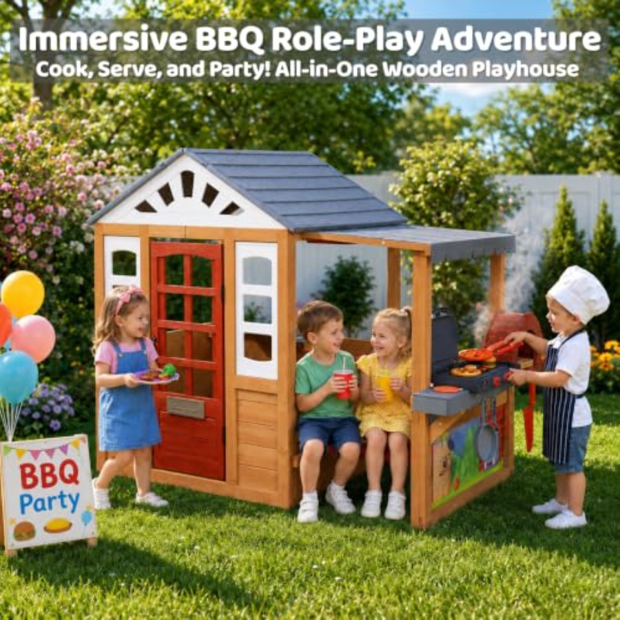 3～8歳のお子様向け屋外プレイハウス、杉材、ブラウン、バーベ - Kids Outdoor Grill Set のレビューと価格