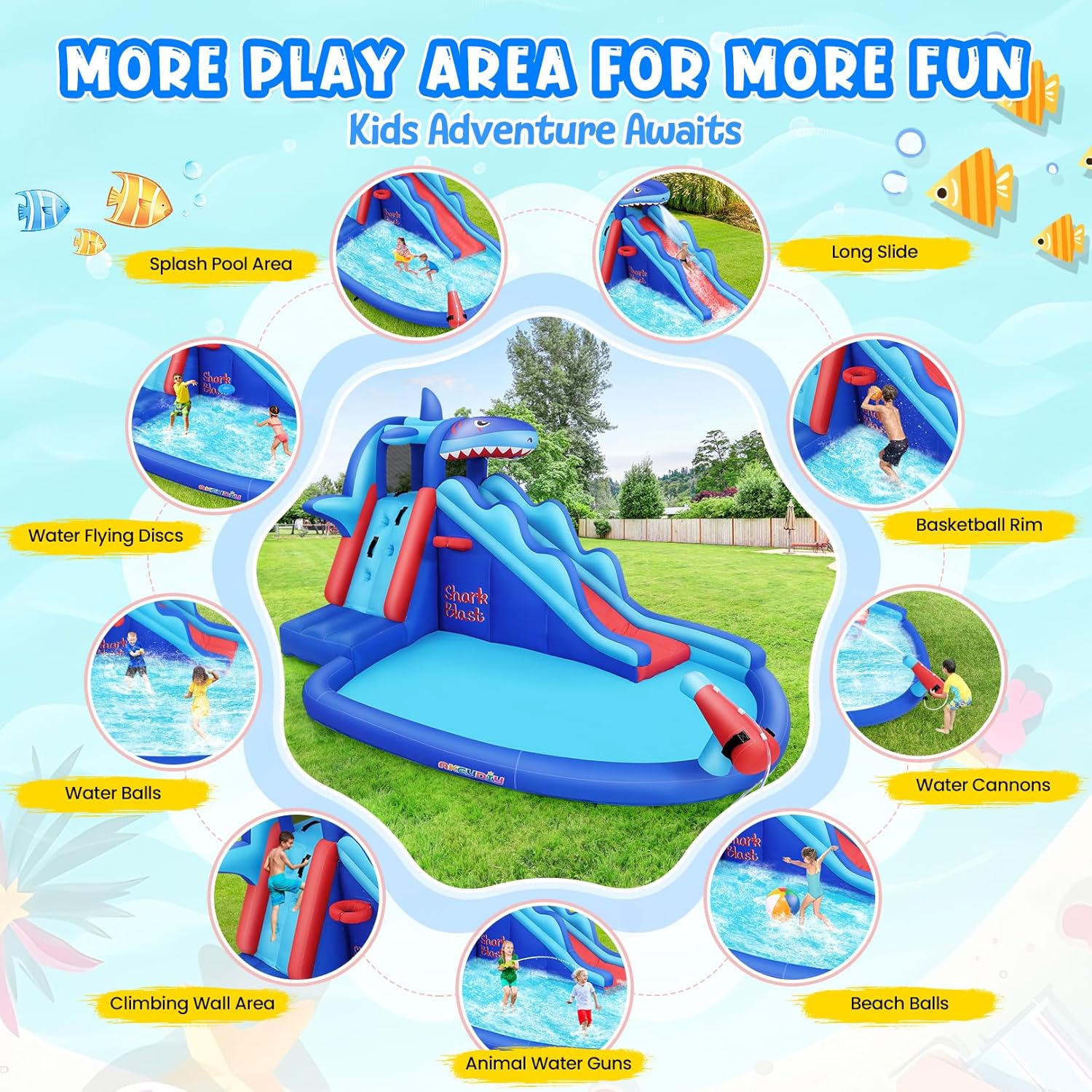 子供向けサメ型インフレータブルウォーターパーク：屋外用ブロウ - Kids Outdoor Park のレビューと価格
