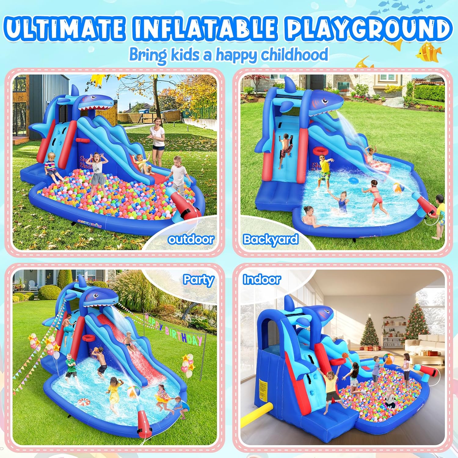 子供向けサメ型インフレータブルウォーターパーク：屋外用ブロウ - Kids Outdoor Park のレビューと価格