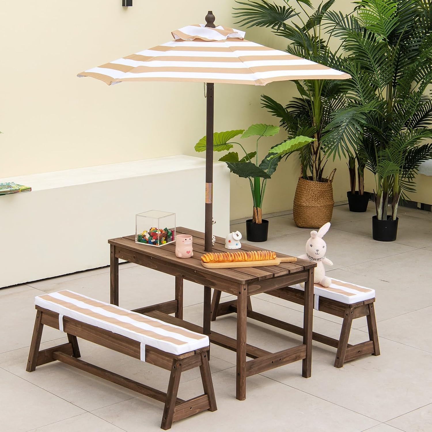 幼児用木製キッズピクニックテーブル、取り外し可能な傘とクッシ - Kids Outdoor Umbrella For Table のレビューと価格