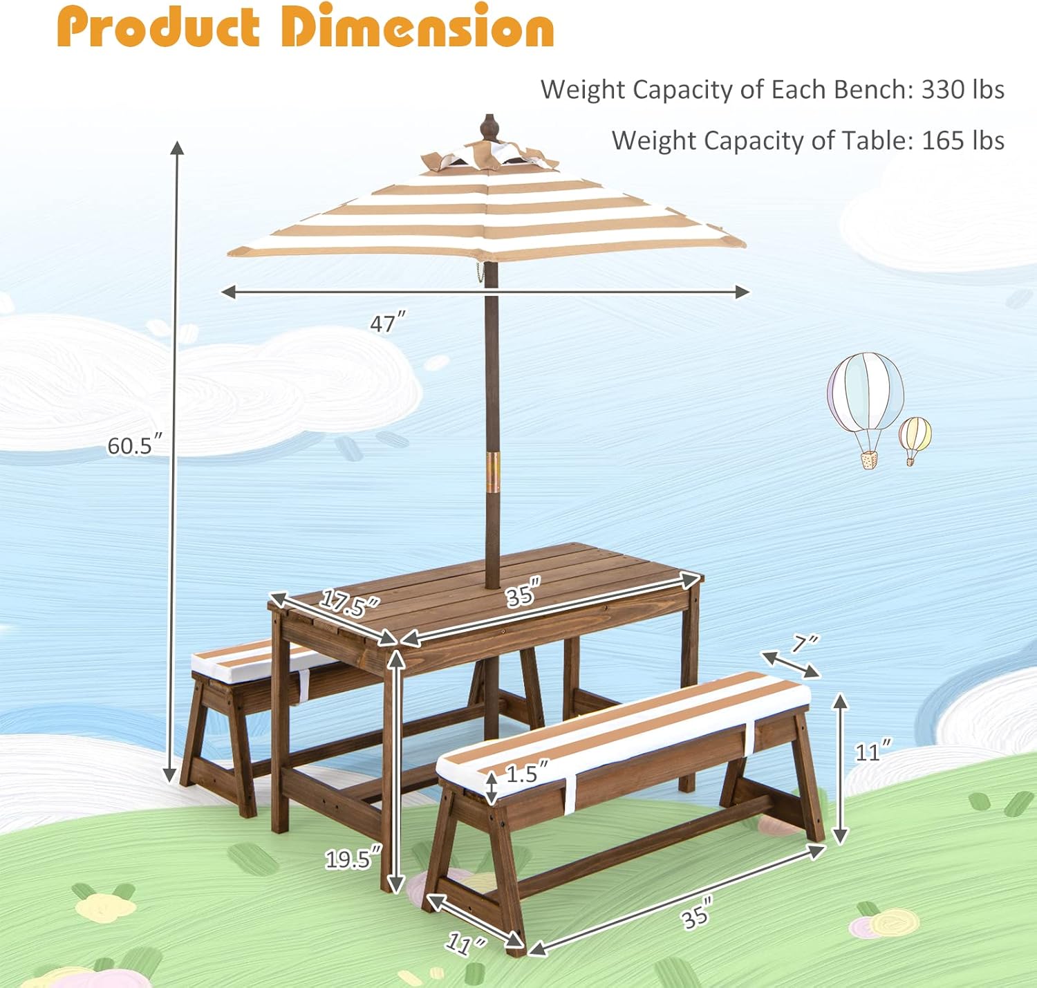 幼児用木製キッズピクニックテーブル、取り外し可能な傘とクッシ - Kids Outdoor Umbrella For Table のレビューと価格