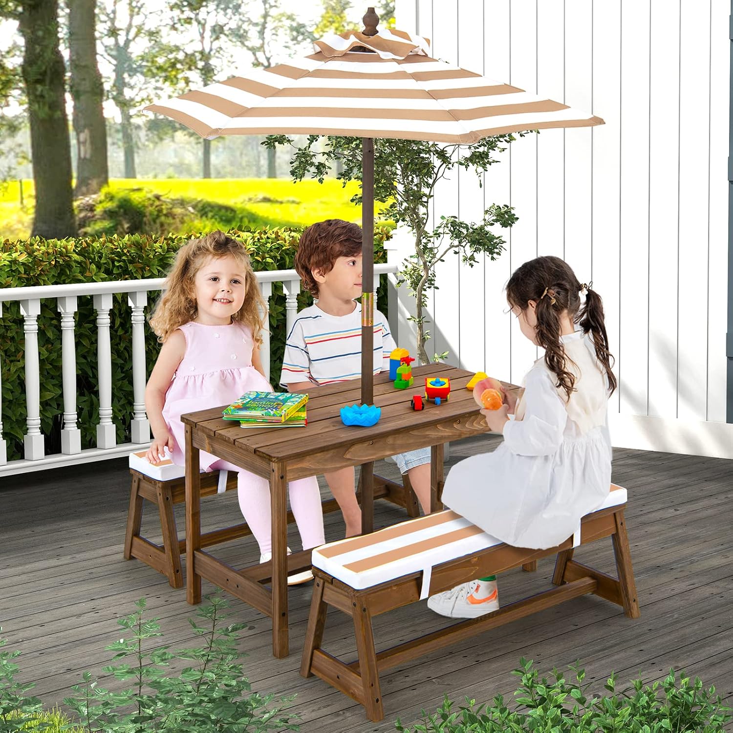 幼児用木製キッズピクニックテーブル、取り外し可能な傘とクッシ - Kids Outdoor Umbrella For Table のレビューと価格