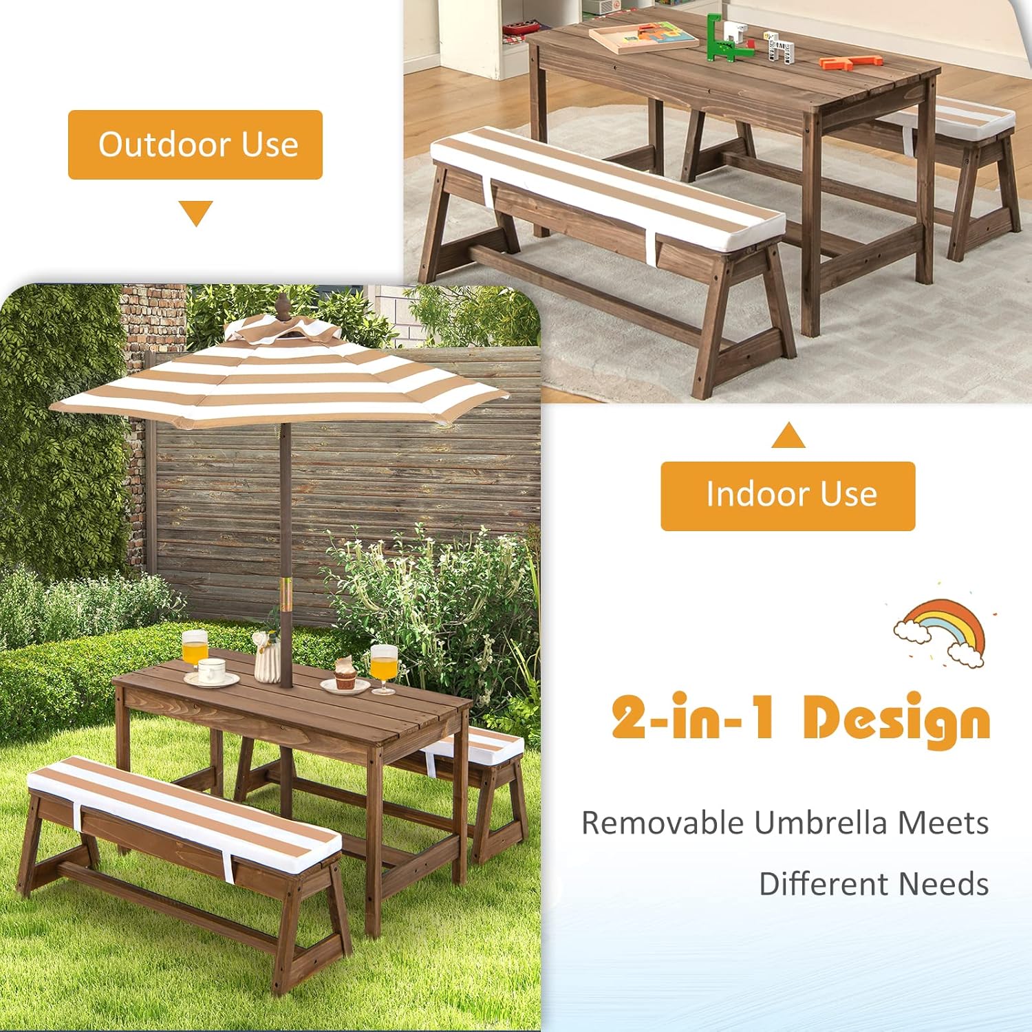 幼児用木製キッズピクニックテーブル、取り外し可能な傘とクッシ - Kids Outdoor Umbrella For Table のレビューと価格
