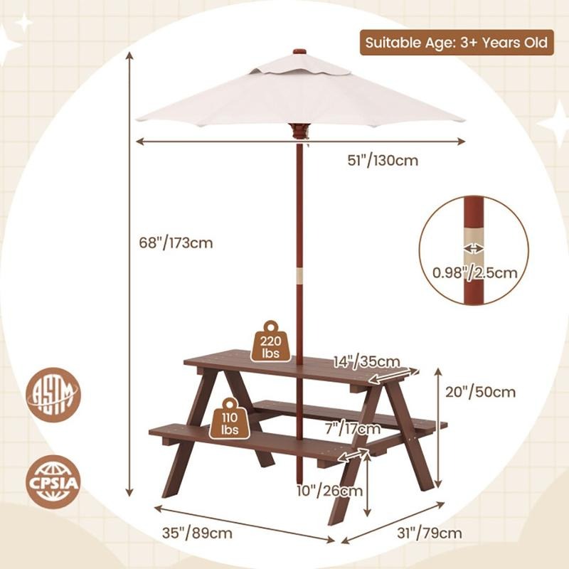 屋外用4人掛け子供用ピクニックテーブルベンチセット（取り外し - Kids Outdoor Umbrella For Table のレビューと価格