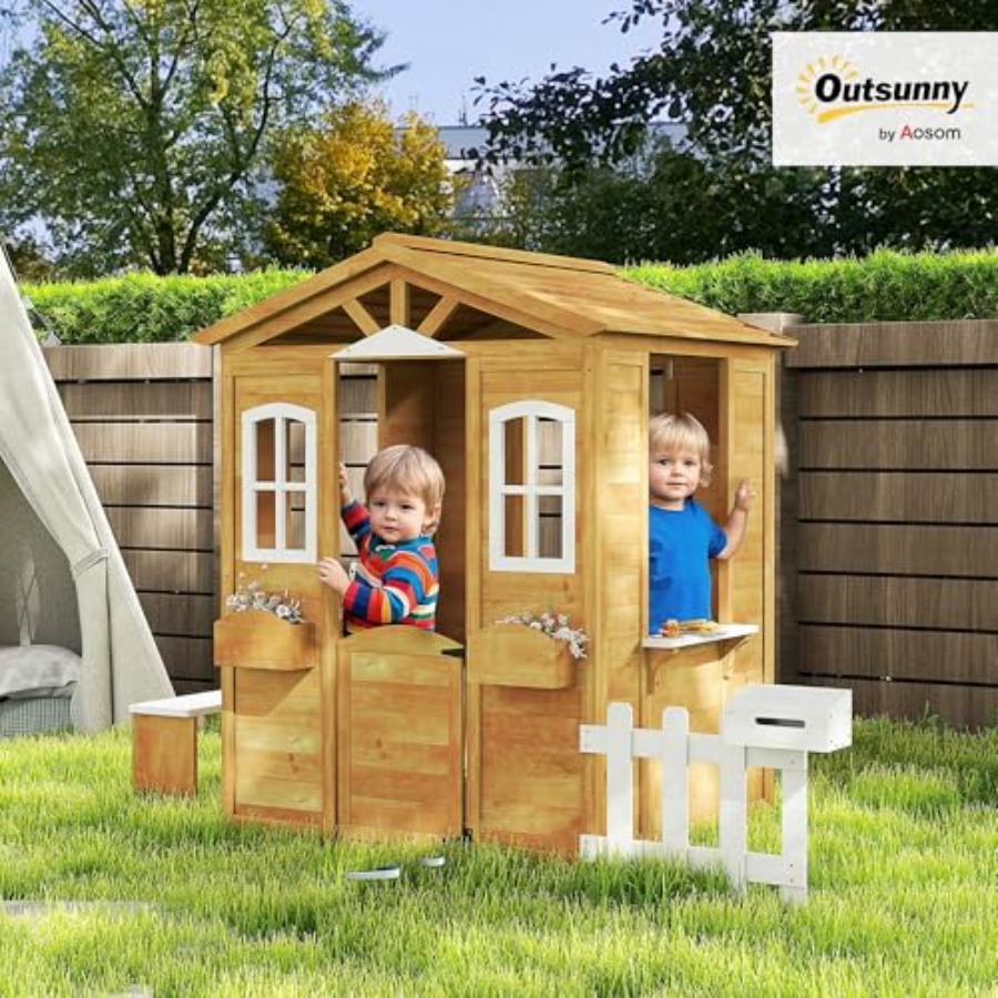 3歳から6歳向けの屋外用プレイハウス、天然木のコテージ。開閉 - Kids Outdoor Nature Play のレビューと価格