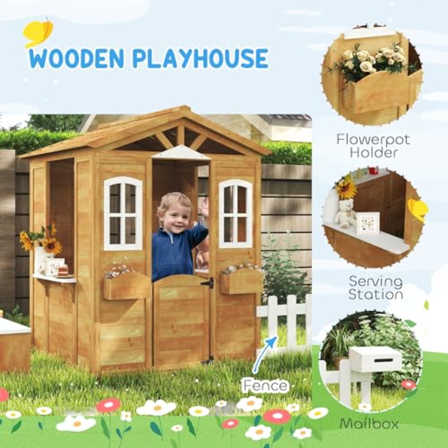 3歳から6歳向けの屋外用プレイハウス、天然木のコテージ。開閉 - Kids Outdoor Nature Play のレビューと価格