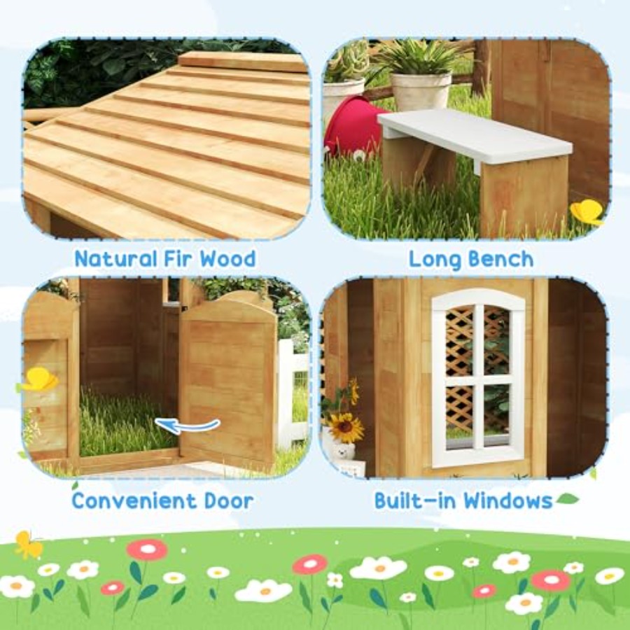 3歳から6歳向けの屋外用プレイハウス、天然木のコテージ。開閉 - Kids Outdoor Nature Play のレビューと価格